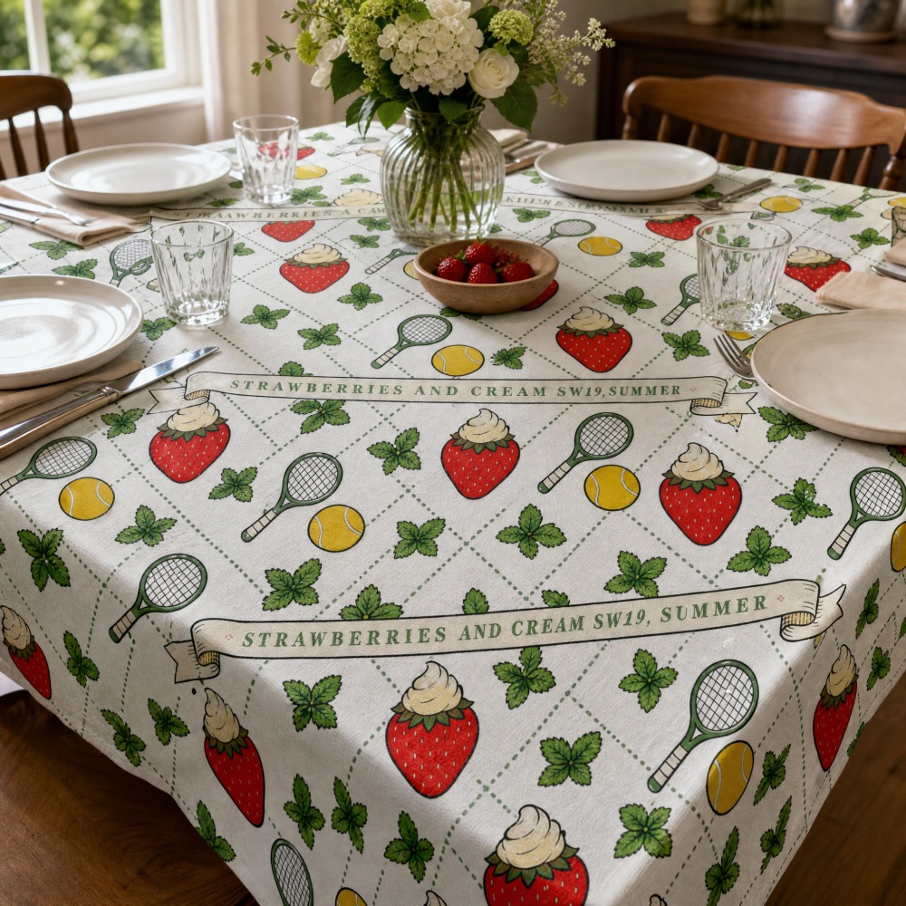 Table Tennis News Today - Vintage Strawberry Tennis Racket Print Tablecloth,